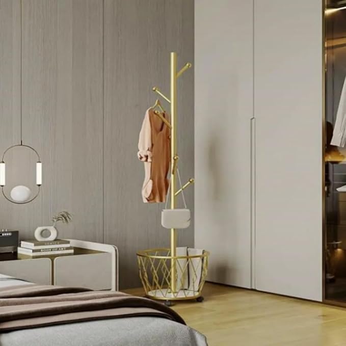 Freestanding Metal Coat Rack Stand with Basket Modern Organizer for Scarf Jacket Hat Bags Ideal for Home Entryway Bedroom Corner Stable and Moveable tree (gold)