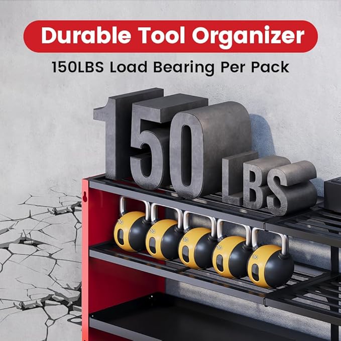 4 Layers Power Tool Organizer Wall Mount with Power Strip, Heavy Duty Metal Shelf, 400lbs Capacity for Cordless Drills, Batteries & Garage Storage (4 Slots with 2 Outlets Power Strip)