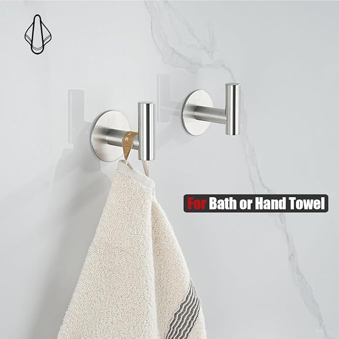 JQK Self Adhesive Towel Hook Brushed, No Drill Stick on Coat Robe Clothes Wall Hook for Bathroom Kitchen Garage 2 Pack, 304 Stainless Steel Brushed Steel, ATH110-BN-P2