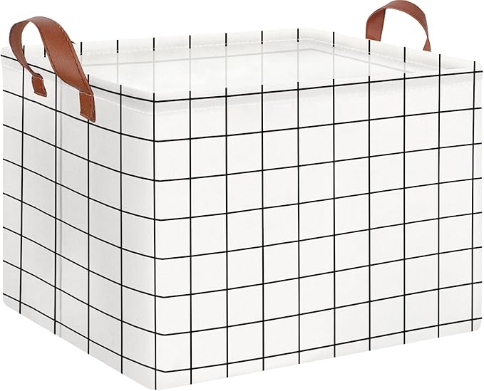 CLOCOR Rectangular Storage Basket,Collapsible Cute Pattern Storage Bin,Waterproof Coating Storage Box with Handles,Gift Baskets,Shelf Basket (white checks)-NeatNest
