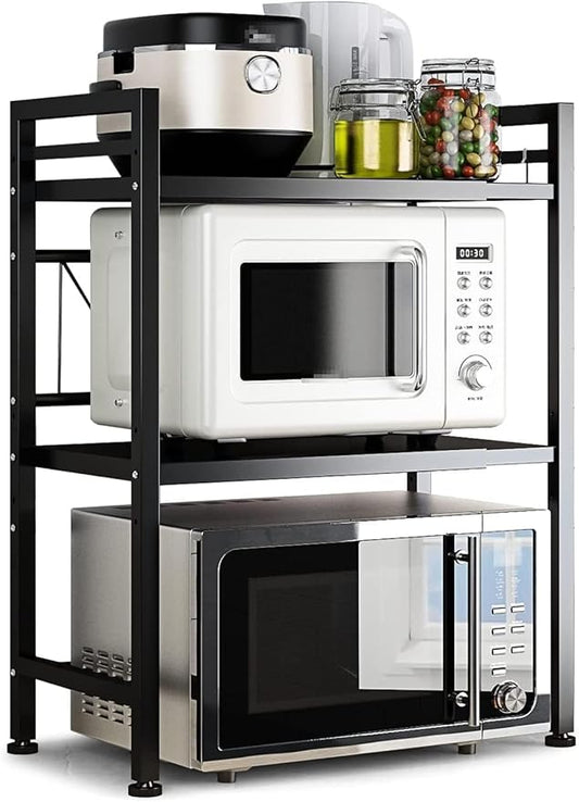 DOLALIKE Microwave Oven Rack, Expandable Microwave Stand Countertop Kitchen Utensils Tableware Storage, Carbon Steel Over Microwave Shelf Countertop with 3 Hooks-NeatNest