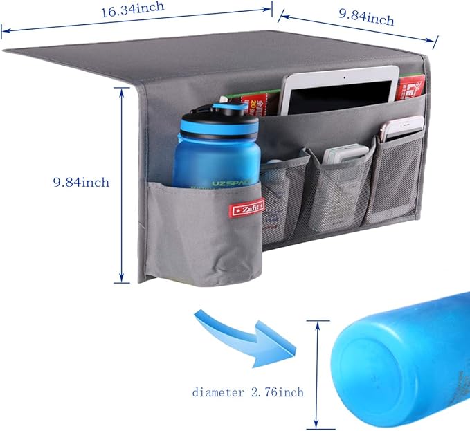 5 Pockets Bedside Caddy, Bedside Storage Organizer for Water Bottles, Magazines, Phone, Glasses (5 Pockets-Grey)-NeatNest