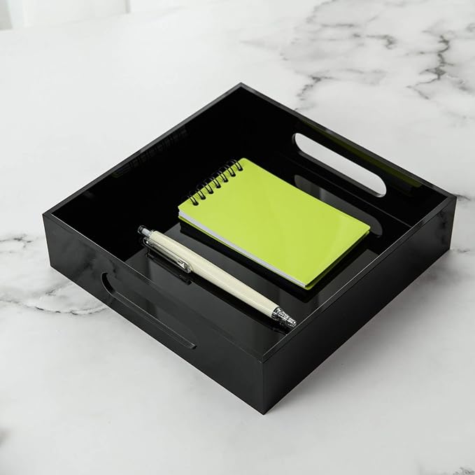 Black Sturdy Acrylic Tray with Handles-8x8 Inch- Countertop Organizer Tray for Kitchen,Bathroom,Office- Storage Box for Cosmetics, Jewelry,Toiletries,Toy,Gadgets-NeatNest