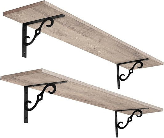 DINZI LVJ Long Wall Shelves, 31.5 Inch Large Floating Shelves Set of 2, Wide Display Shelf Wall Mounted with Brackets, Easy Hanging for Living Room, Toilet, Office, Bedroom, Greige-NeatNest