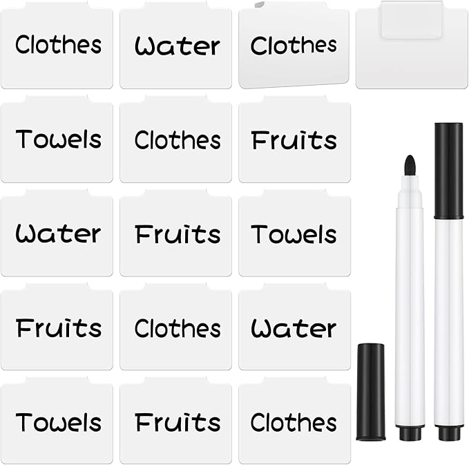 18 Pcs White Basket Labels Clip on Removable Hanging Label Holder with Chalk Markers for Storage Bin Basket Box Kitchen Pantry