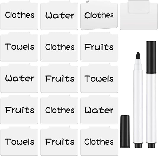 18 Pcs White Basket Labels Clip on Removable Hanging Label Holder with Chalk Markers for Storage Bin Basket Box Kitchen Pantry