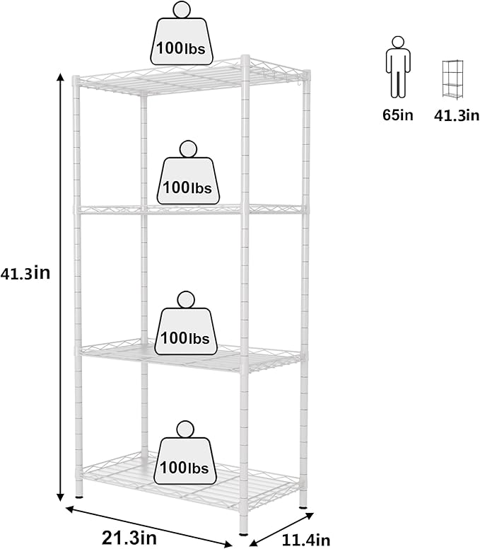 HOMEFORT 4-Shelving Unit, Adjustable Wire Shelving, Metal Wire Shelf Rack Organizer for Kitchen, Pantry, Closet, Bathroom, Laundry, White,21" W x 11" D x 41" H
