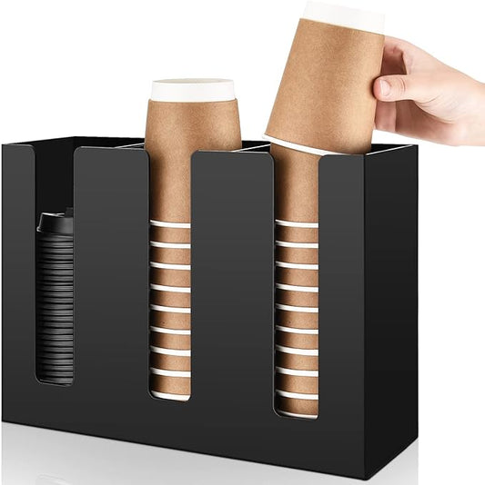 3 Compartments Acrylic Coffee Cup Dispenser Organizer Paper Cup Lid Sleeve Holder Organizer Coffee Shop Supplies Holder Storage for Counter Wall(Black)-NeatNest