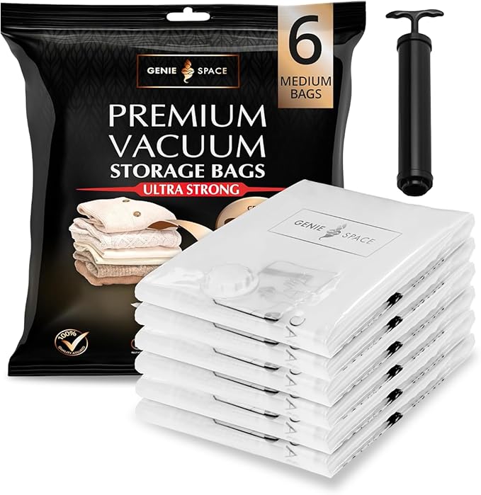 GENIE SPACE Medium Vacuum Storage Bags - Pack of 6, 27x20in | Strong Space Saving Bags | Premium Airtight & Reusable Vacuum Bag for Clothes, Towels, Childrenswear & More | inc Travel Pump-NeatNest