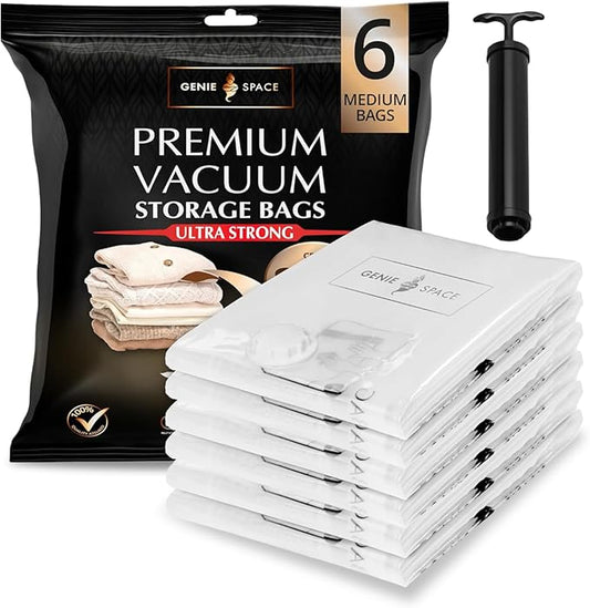GENIE SPACE Medium Vacuum Storage Bags - Pack of 6, 27x20in | Strong Space Saving Bags | Premium Airtight & Reusable Vacuum Bag for Clothes, Towels, Childrenswear & More | inc Travel Pump-NeatNest