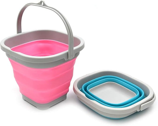 SAMMART Set of 2-2.6L (0.68 Gallon) Super Mini Sqare Collapsible Plastic Bucket - Foldable Square Tub - Portable Fishing Water Pail - Space Saving Outdoor Waterpot (2, Pink + Bright Blue)-NeatNest