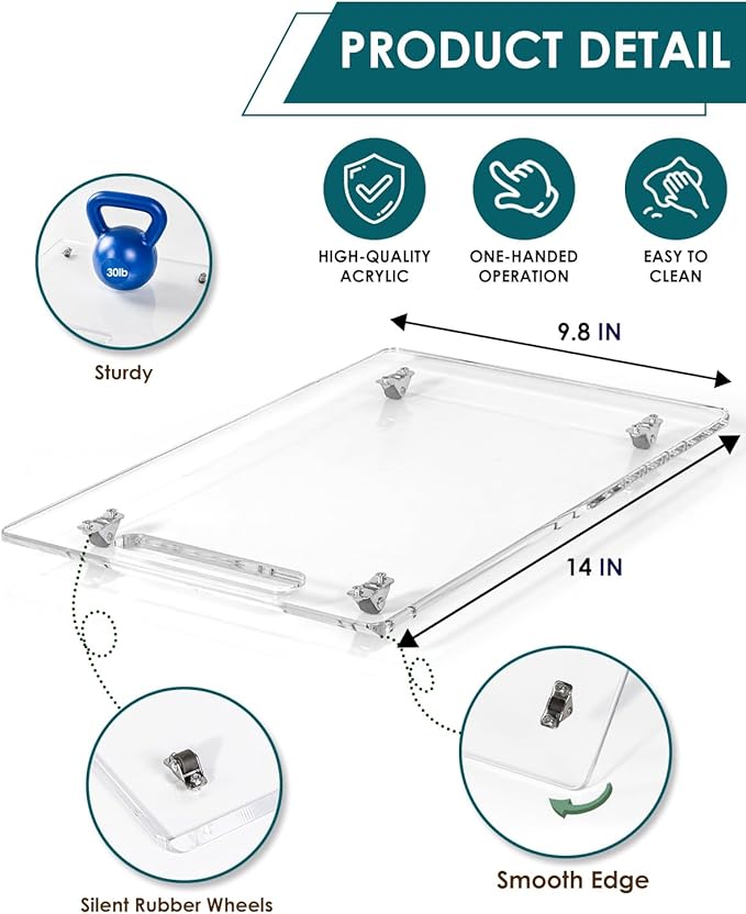 HAYVAN Acrylic Sliding Tray for Coffee Maker & Heavy Kitchen Appliances - Appliance Slider with Silent Wheels Slides Easily from Under The Cabinet - Easy to Clean (Clear, 9.8” W x 14”D)
