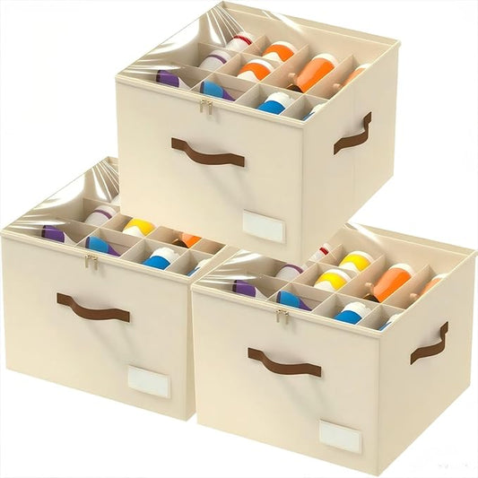 3 Pack Shoe Organizer for Closet, Foldable Shoe Storage Containers, Fits 24-48 Pairs, Shoe Storage Organizer Box Cubby Baskets Bins with Clear Cover and Reinforced Handles, Beige-NeatNest