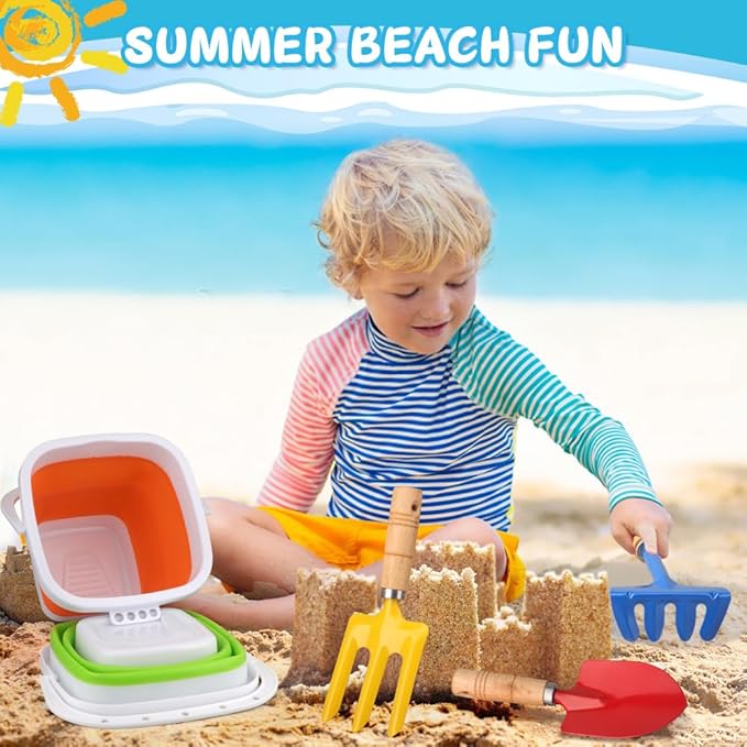 3PCS Collapsible Beach Bucket Sandbox Kit Building Toys for Kid, Small Pail for Washing Camping Fishing, Foldable Bucket Sand Pail Water Can for Garden Planting, Traveling, Beach Summer Toys Fun-NeatNest