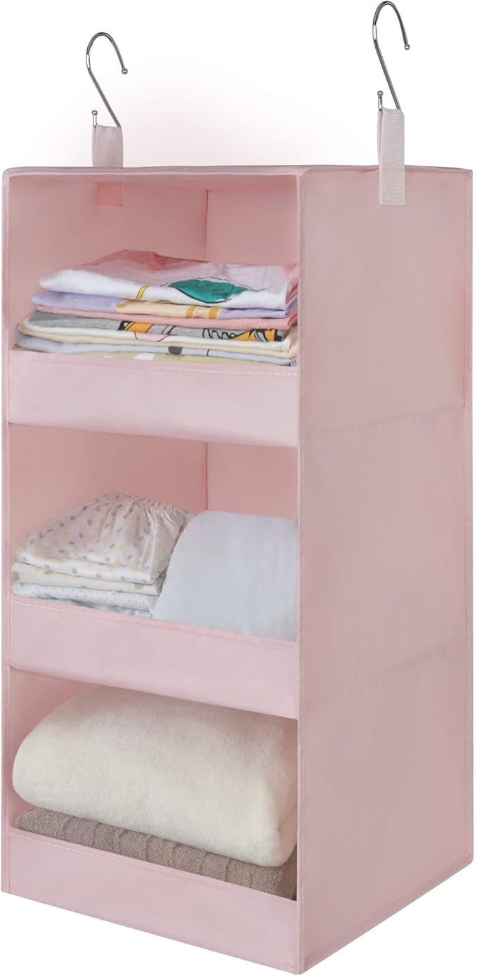 GRANNY SAYS 3-Shelf Hanging Closet Organizer, Collapsible Closet Hanging Shelves, Nursery Hanging Organizer, Pink, 29 ½" H X 12" W X 12" D, 1-Pack-NeatNest