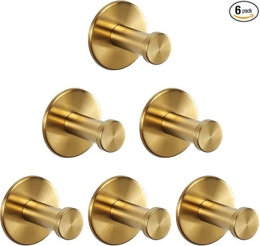 Bath Towel Hooks, 6 Pack Self Adhesive Coat Hooks, Sturdy No Drilling Robe Hook, SUS 304 Stainless Steel Heavy Duty Clothes Hanger, Wall Hooks for Bathroom Bedroom Kitchen (2 in, ‎Gold)