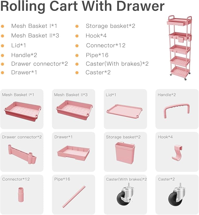 5 Tier Rolling Cart Organizer,Bathroom Cart Organizers with Wheels Laundry Room Organization Mobile Shelving Unit Utility Cart Storage Shelves Multi-Functional for Office, Home(Pink)-NeatNest