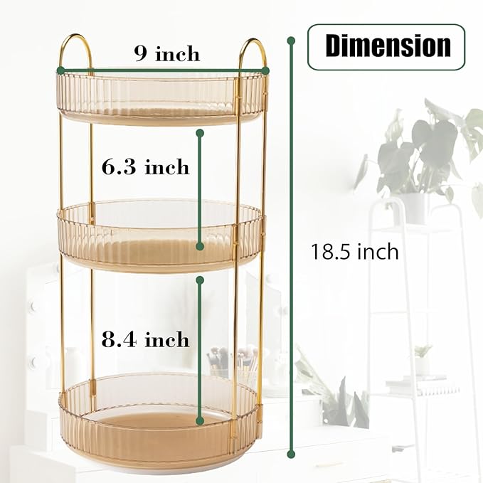 Rotating Makeup Organizer Countertop 3 Tier Lazy Susan Trays Clear Skincare Perfume Storage for Bathroom Counter Vanity, Amber Gold-NeatNest