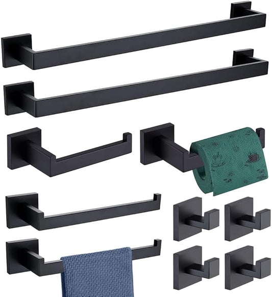 10-Pieces Towel Bar Set Matte Black Bathroom Hardware Set SUS304 Bathroom Accessories Set Includes 2 Towel Bar 24 in+2 Towel Holder+2Toilet Paper Holder+4 Towel Hooks(10, Matte Black, 24 Inch)