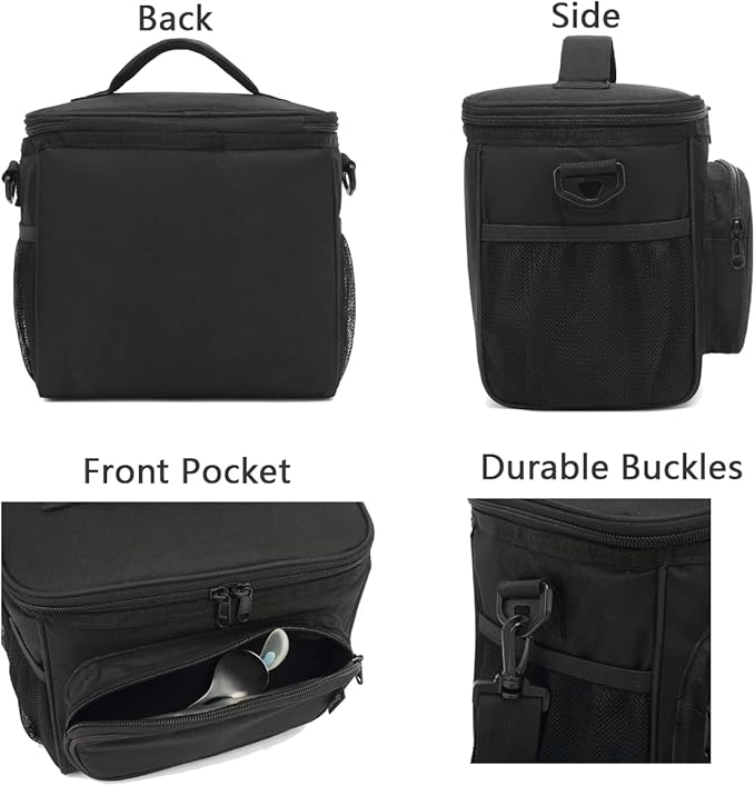 FlowFly Insulated Reusable Lunch Bag Adult Large Lunch Box for Women and Men with Adjustable Shoulder Strap,Front Zipper Pocket and Dual Large Mesh Side Pockets, Black-NeatNest