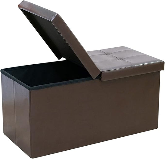B FSOBEIIALEO Storage Ottoman with Filpping Lids, Ottoman Storage Bench Footrest Seat, Storage Chest Faux Leather 30"x15"x15" (Brown)