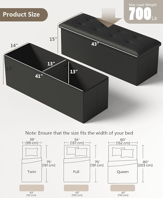 Folding Storage Ottoman Bench, Multi-Functional Ottoman Footrest, End of Bed Bench, Storage Chest for Living Room, Bedroom, Hallway, Entryway, Holds Up to 700 lbs (Black, 43 Inches)