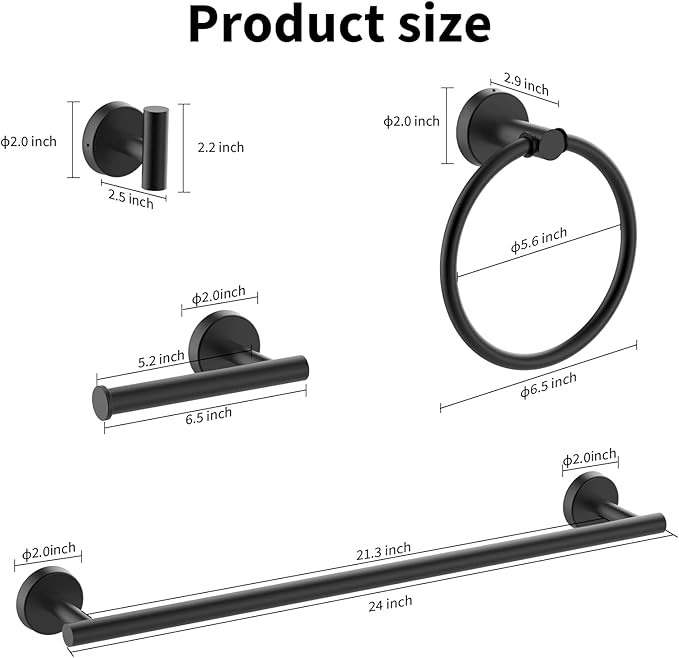 Cilee 8 Piece Matte Black Bathroom Hardware Set, 24inch Bathroom Towel bar+Towel Ring+Toilet Paper Holder+ Robe Towel Hook, SUS304 Stainless Steel Bathroom Accessory Set-NeatNest