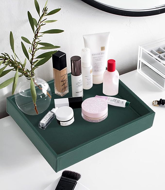 HofferRuffer Faux Leather Decorative Tray, Elegant Desktop Storage Organizer, Decorative Catchall Perfume Tray, Nightstand or Dresser Vanity Tray Organizer, 10.2 x 8.4 x 1.8 inches (Dark Green)-NeatNest