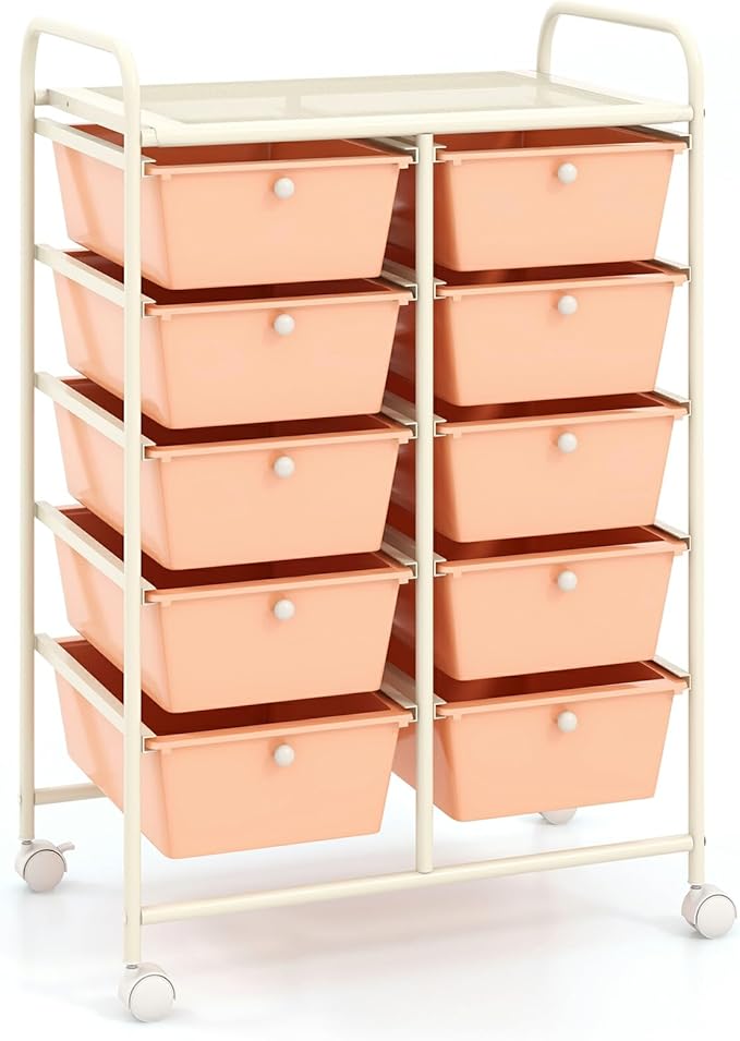 Moccha Rolling Cart with 10 Drawers - Under Desk Storage Drawers with wheels for Craft Art Supply Paper Salon, Under Desk Cabinet on Wheels, Multipurpose Movable Utility Cart for Classroom