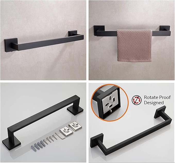 16 Inch Towel Bar for Bathroom 12/16/24/28/32/36 Inch Kitchen Towel Holder Matte Black Towel Rod Wall Mounted SUS304 Rustproof Towel Rack Modern Square Design (1, Matte Black, 16 Inch)