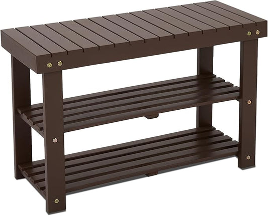 BEEFURNI Acacia Shoe Rack Bench, 3-Tier Sturdy Shoe Storage Bench, Wooden Footwear Organizer for Boots, 300 LBS Load Capacity, Perfect for Closet Entryway Bathroom, 1-Year Manufacturer Warranty, Brown-NeatNest