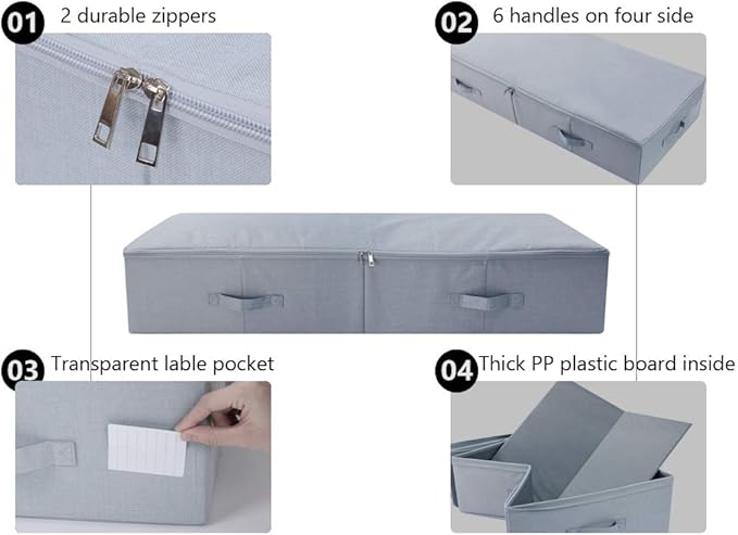 39.4"X 16.9"X 7", Jumbo Size 7" High Under Bed Storage Bins with 3-side Zip Open, Collapsible & Breathable for King Queen Size Beds Containers for Shoes, Bedding, Light Gray-NeatNest