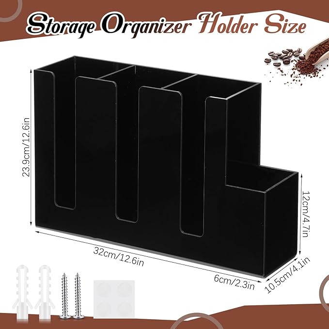 4 Compartments Acrylic Coffee Cup and Lid Storage Organizer Holder Disposable Paper Cup Dispenser Organizer Plastic Lid Holder Accessories for Kitchen Bar Shop Party Supplies(Black)