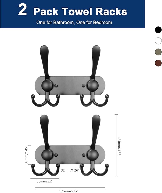 NearMoon Coat Rack Wall Mounted-2 Pack, Heavy Duty Bath Towel Hooks Stainless Steel Robe Hooks Holder, Metal Coat Hook for Towel Coat Hat Key Bathroom Bedroom Hotel Entryway (2 Hooks, Matte Black)