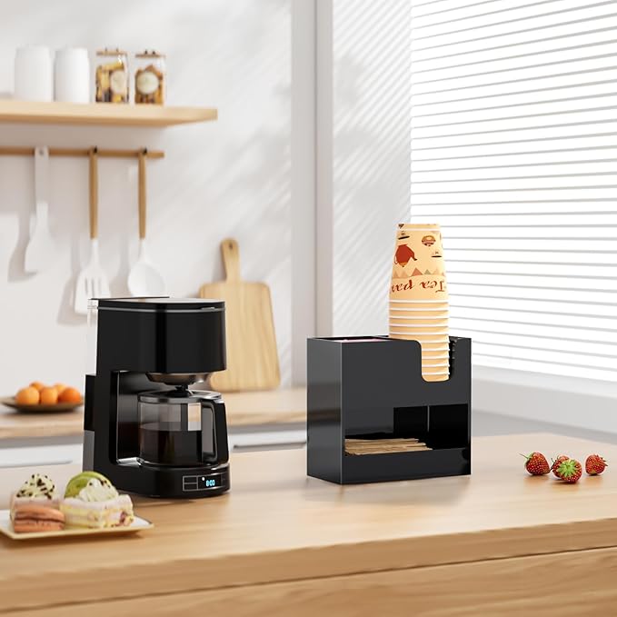 Coffee Condiment and Cup Organizer - 2-Tier Upright Cup and Lid Holder with Straw Organizer 3 Compartments Black Acrylic Cup Dispenser for Restaurant Breakroom Coffee Station Countertop-NeatNest