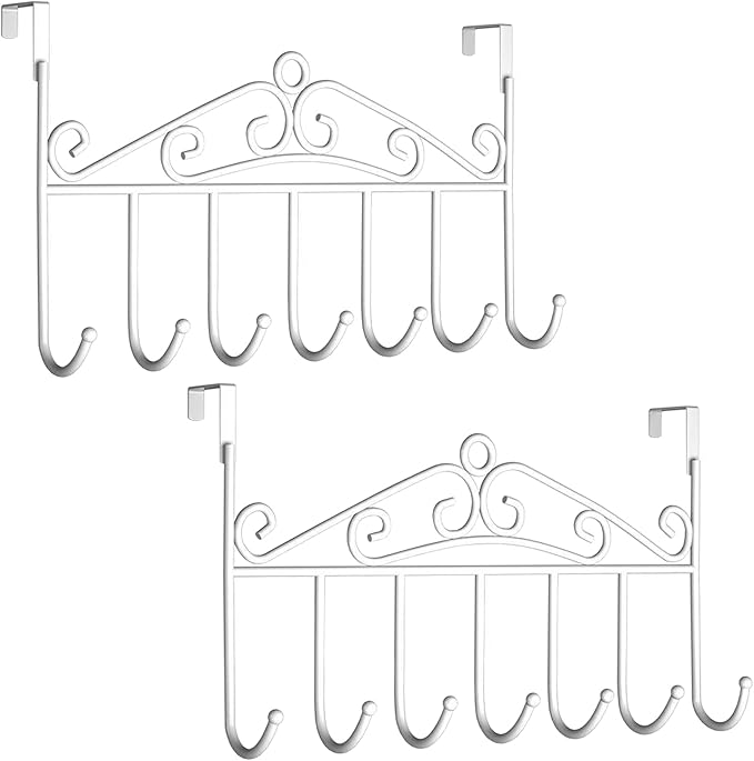 Over The Door Hook Coat Rack & Towel Rack - 7 Hooks, Bathroom Door Hooks, Clothes & Belt Hanger, White