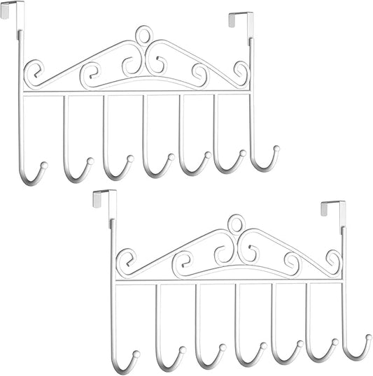 Over The Door Hook Coat Rack & Towel Rack - 7 Hooks, Bathroom Door Hooks, Clothes & Belt Hanger, White