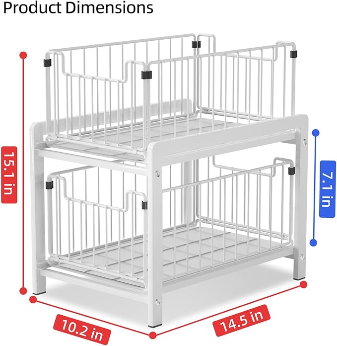 2 Tier Sliding Basket Drawer Organizer, Pull Out Under Sink Cabinets Organizers, Metal Home Shelf for Bathroom or Kitchen, Sliding Countertop or Pantry Storage Shelf, Large White-NeatNest