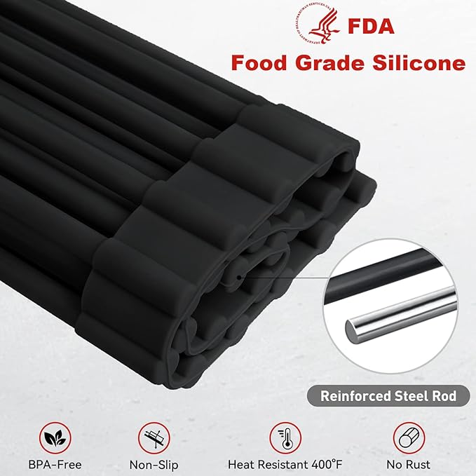 MERRYBOX Roll Up Dish Drying Rack Silicone Wrapped Over The Sink Dish Drying Rack Multipurpose Foldable Sink Drying Mat Anti-Slip & Anti-Rust Dish Rack for Kitchen, 17.5" x 13", Black
