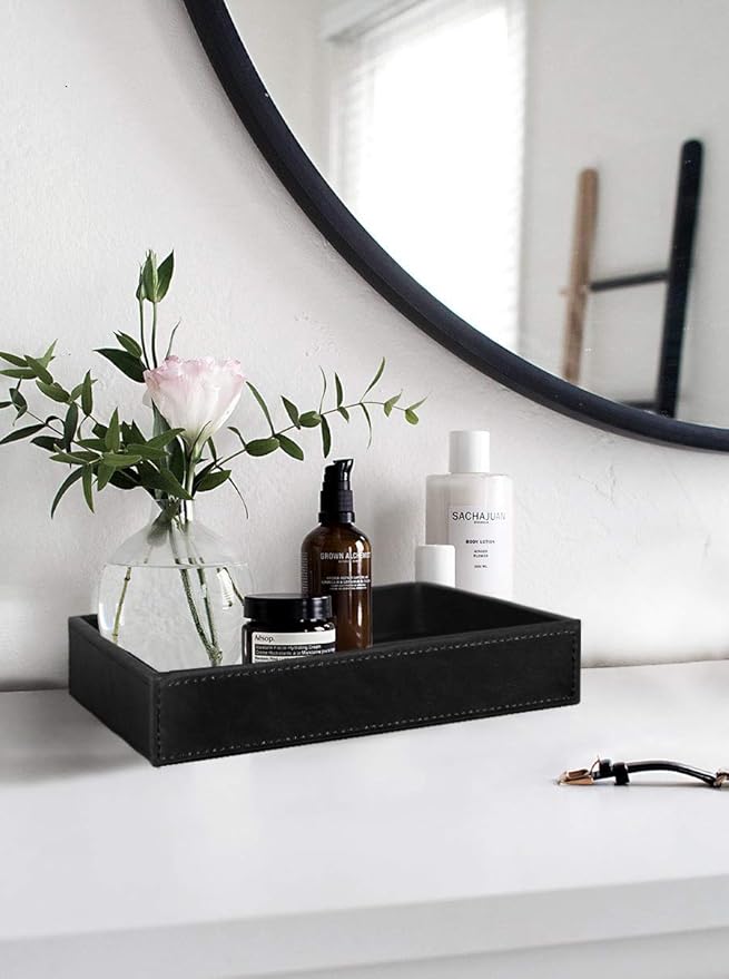 HofferRuffer Faux Leather Vanity Tray, Elegant Desktop Storage Organizer, Decorative Catchall for Perfume, Bathroom Valet, Nightstand or Dresser, Black, 10.2 x 8.4 x 1.8 Inches-NeatNest