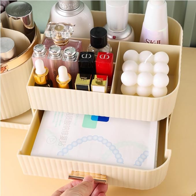 Makeup Organizer Countertop with Drawer 360 Rotating Brush Holder Storage Large Capacity Skincare Cosmetic Display Cases for Vanity Bathroom Desktop, Model 3016 Cream-NeatNest