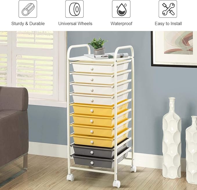 Giantex 10 Drawer Rolling Storage Cart Scrapbook Paper Office School Organizer (Beige+Yellow+Grey)