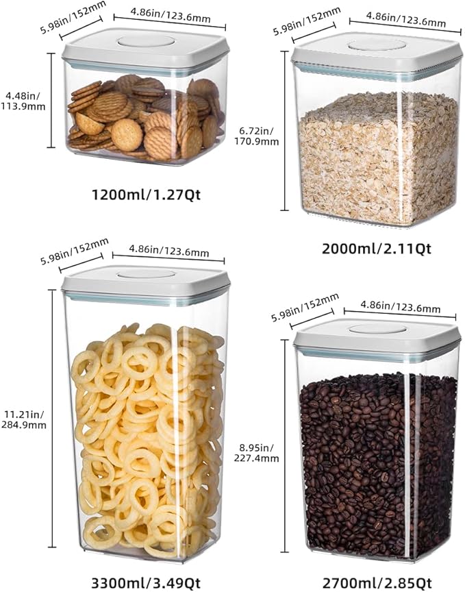 12 Pcs Pop Airtight Food Storage Containers with Lids for Kitchen Pantry Organization Stackable Cereal Snacks Flour Sugar Coffee Spaghetti (1.2, 2.0, 2.7, 3.3qt)*3-NeatNest