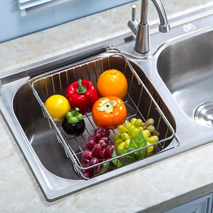 Stainless Steel Sink Strainer Drain, Telescopic Drain Basket with Adjustable Armrest, Kitchen Rack Drain Basket, Over The Sink Dish Drying Rack,Deep and Large- Rustproof