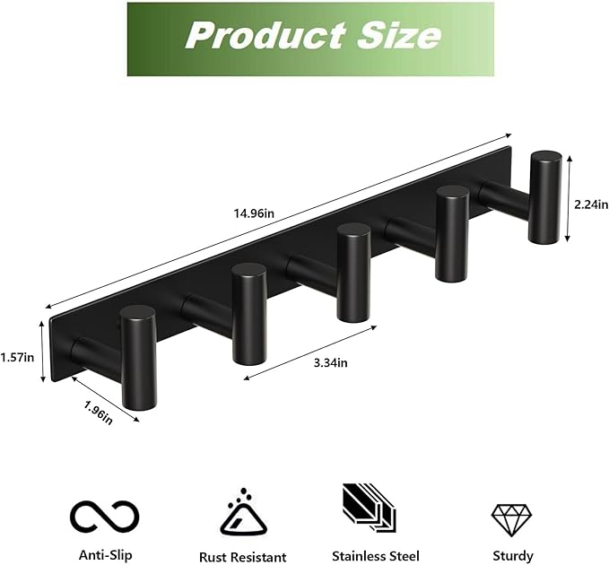 Wall Mounted Coat Rack-5 Hooks, Heavy Duty Stainless Steel Hook Rail for Towel Coat Hat Purse Bag Jacket, Towel Hooks for Entryway Bathroom Kitchen (Black 5 Hooks - 1 Pack)-NeatNest