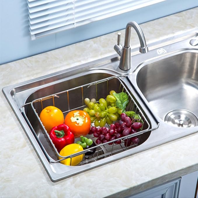 Stainless Steel Sink Strainer Drain, Telescopic Drain Basket with Adjustable Armrest, Kitchen Rack Drain Basket, Over The Sink Dish Drying Rack,Deep and Large- Rustproof