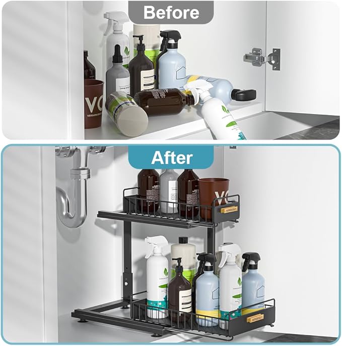 Under Sink Organizer, Pull Out Kitchen Cabinet Organizer, 2-Tier Metal Under Sink Organizers and Storage Height-Adjustable, Kitchen Bathroom Organizers and Storage Shelves, Black-NeatNest