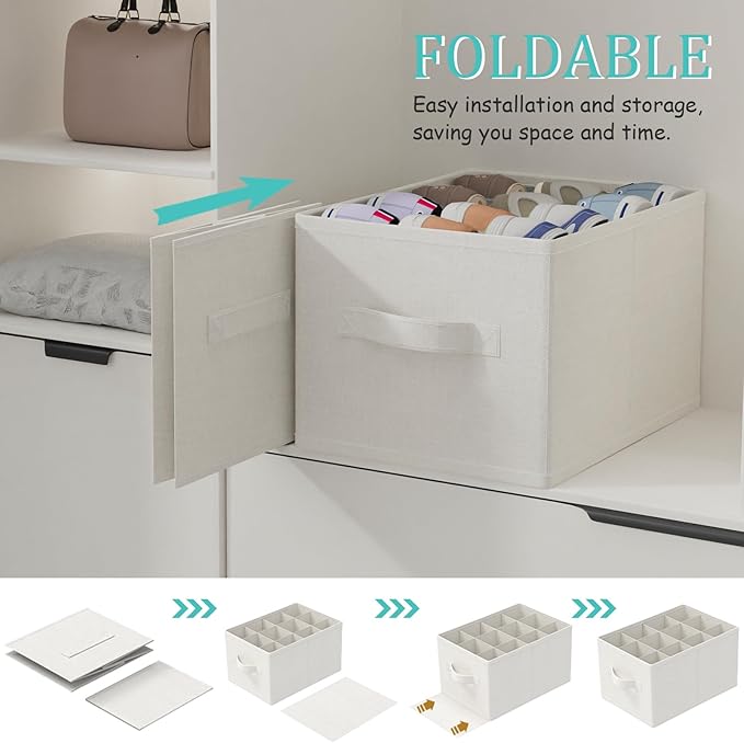 2 Pack Shoe Storage Bins, Fits Up to 24 Pairs, Foldable Space-saving Closet Organizers System, Clothes Basket with Reinforced Handles, 16.5 x 12.6 x 10.2 In, White & Ivory, XSNX02W-2-NeatNest