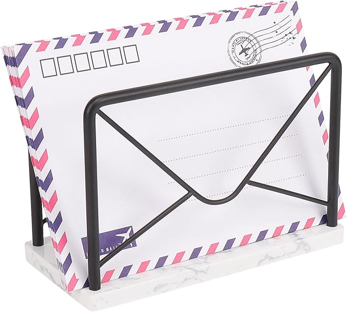 Modern Mail Holder for Home Office, Metal Letter Organizer Sorter for Desk, Cutout Mail Envelope Design, Bill Filling Paper Document Rack, Envelope Storage Rack with Marble Base