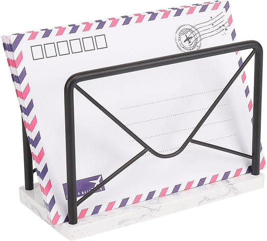 Modern Mail Holder for Home Office, Metal Letter Organizer Sorter for Desk, Cutout Mail Envelope Design, Bill Filling Paper Document Rack, Envelope Storage Rack with Marble Base